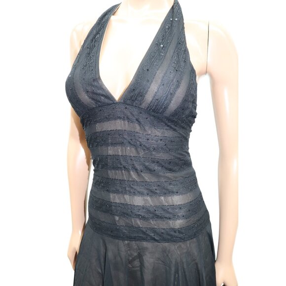 Y2K BCBGMaxazria Midi Dress Whimsigoth Silk Lace Gown Black Halter Neck 8 - Picture 2 of 7